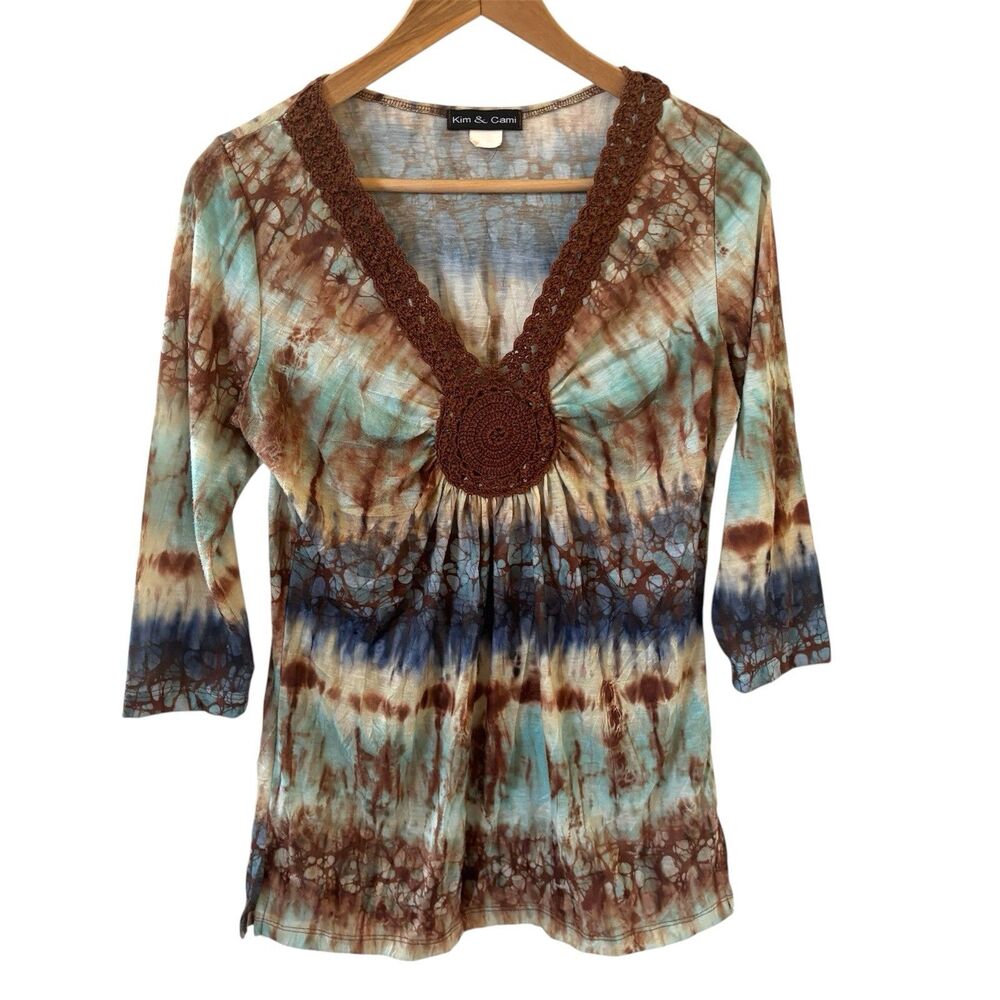 Vintage Y2K Bohemian Womens M Henley Shirt Tie Dye Crochet Hippie 70s Coastal